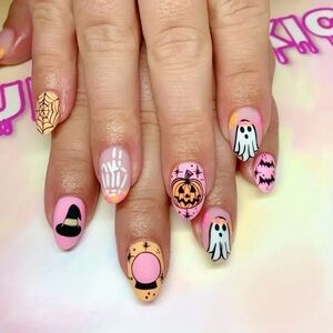 24 Pieces Spooky Halloween Press-On Nails  Pink and Orange Witch Ghost Pumpkin